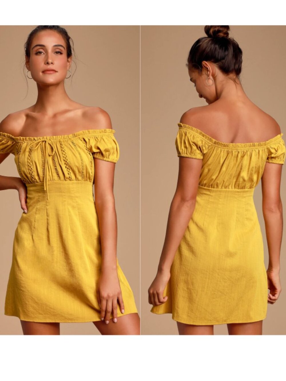 LULUS Wisteria Mustard Yellow Embroidered Off-the-Shoulder Mini Dress XS
